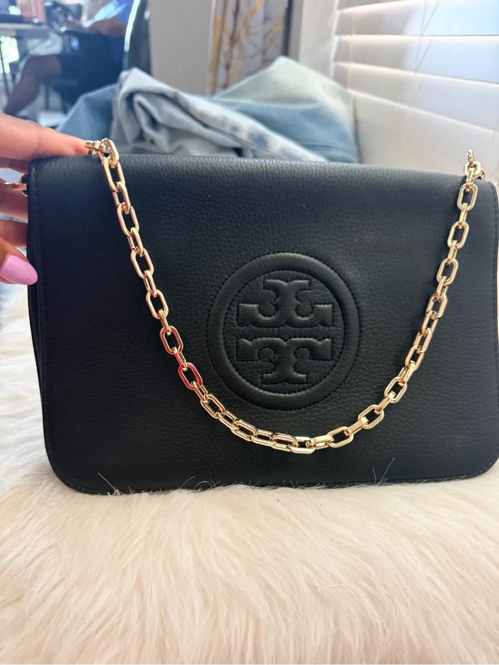 Tory Burch Black Pebbled Leather Chain Crossbody with Gold Hardware
